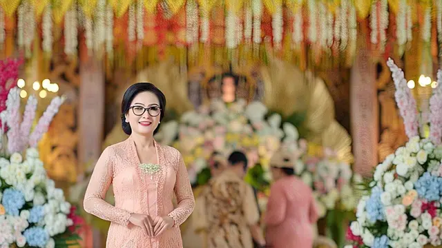 Contoh kebaya simpel modern untuk pesta pernikahan model soft peach rok lilit/Gambar Meta AI