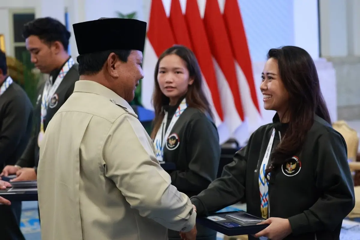 Presiden Prabowo Subianto dalam acara pemberian penghargaan atlet Sea Games ke-33 Thailand Tahun 2025 di Istana Negara Jakarta, Kamis (8/1/2026).