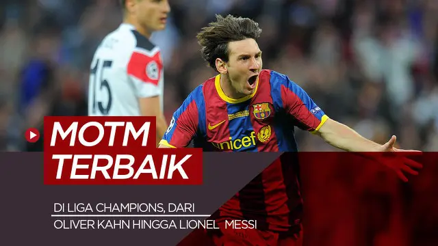 Berita motion grafis 5 man of the match terbaik di final Liga Champions, mulai Oliver Kahn hingga Lionel Messi.