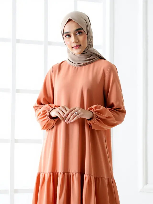 Model Gamis Bahan Wolpeach dengan Potongan Tiered Anggun