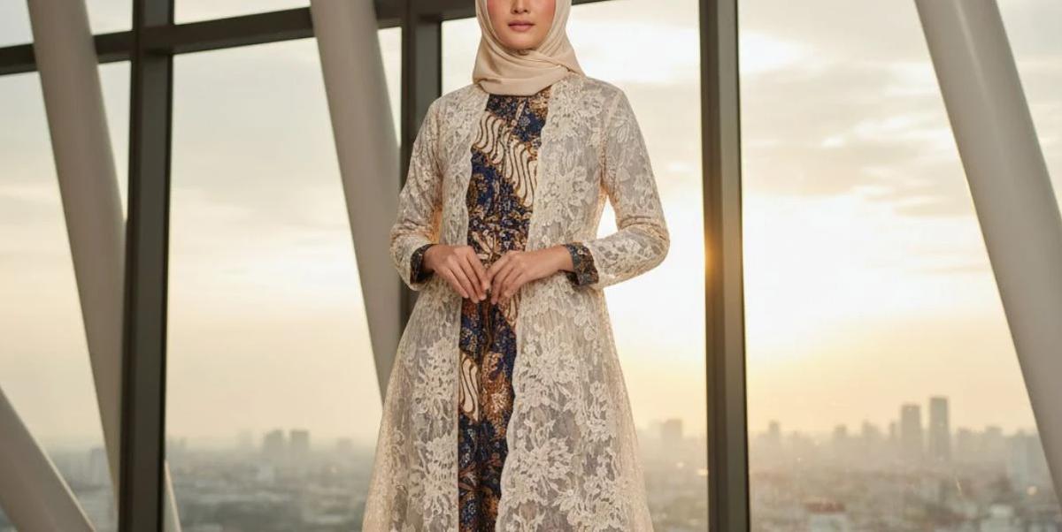 Ilustrasi Model Gamis Batik dengan Outer Tunik