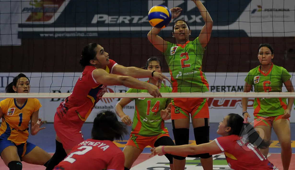 Pevoli putri Jakarta Electric PLN berusaha mengembalikan bola saat laga melawan Jakarta Pertamina Energi di Hall A Senayan, Jakarta, Minggu (21/3/2015). Tim Jakarta Electric PLN menang atas Jakarta Pertamina Engergi. (Liputan6.com/Johan Tallo)