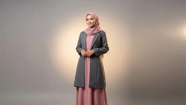 Gamis Warna Soft + Blazer Netral Gelap dengan Kontras Lembut