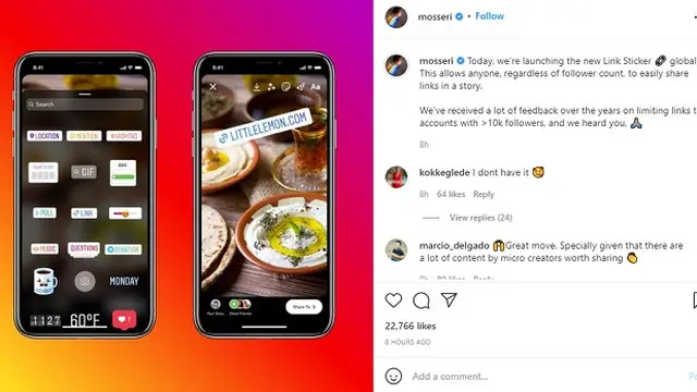 Instagram memperluas stiker Link untuk semua pengguna tanpa terbatas jumlah pengikut (Tangkapan layar IG mosseri)