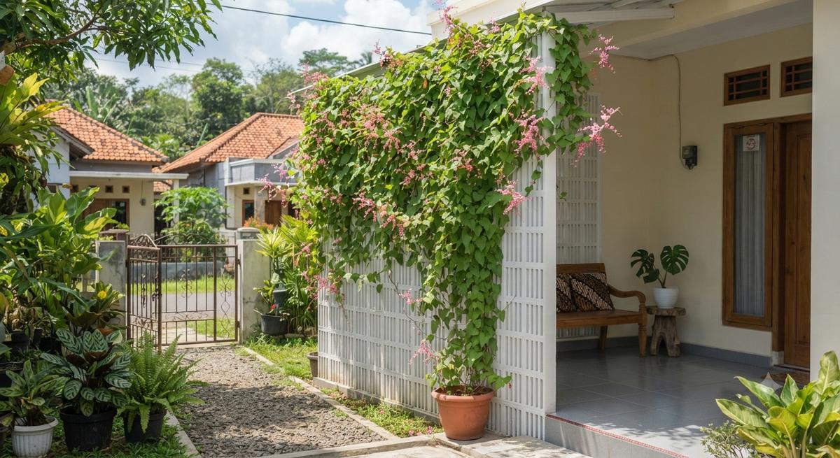 Inspirasi Teras Rumah dengan Roster dan Tanaman Rambat, Bikin Hunian Sejuk dan Estetik Model Garis Vertikal dengan Air Mata Pengantin