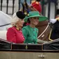 Dari kiri: Ratu Camilla, Kate&nbsp;Middleton, Putri Charlotte, Pangeran Louis, dan Pangeran George meninggalkan Istana Buckingham untuk mengikuti parade Trooping The Color 2023 di London, Inggris, 17 Juni 2023. (AP Photo/Alastair Grant)