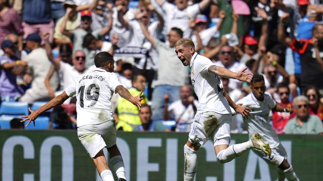 Selebrasi pemain Real Madrid saat mengalahkan Mallorca di arena La Liga