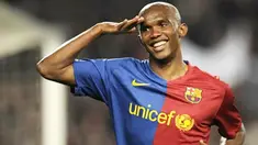 Barcelona's Cameroonian forward Samuel Eto&acute;o celebrates after scoring during a Spanish League football match against Malaga on March 22, 2009 at the Camp Nou stadium in Barcelona. AFP PHOTO/LLUIS GENE 