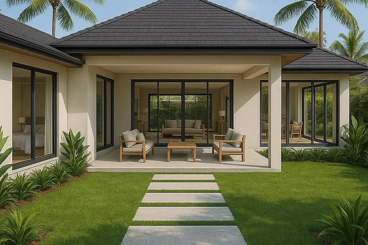 Model Rumah Gaya Tropis Minimalis 1 Lantai dengan Jendela Besar