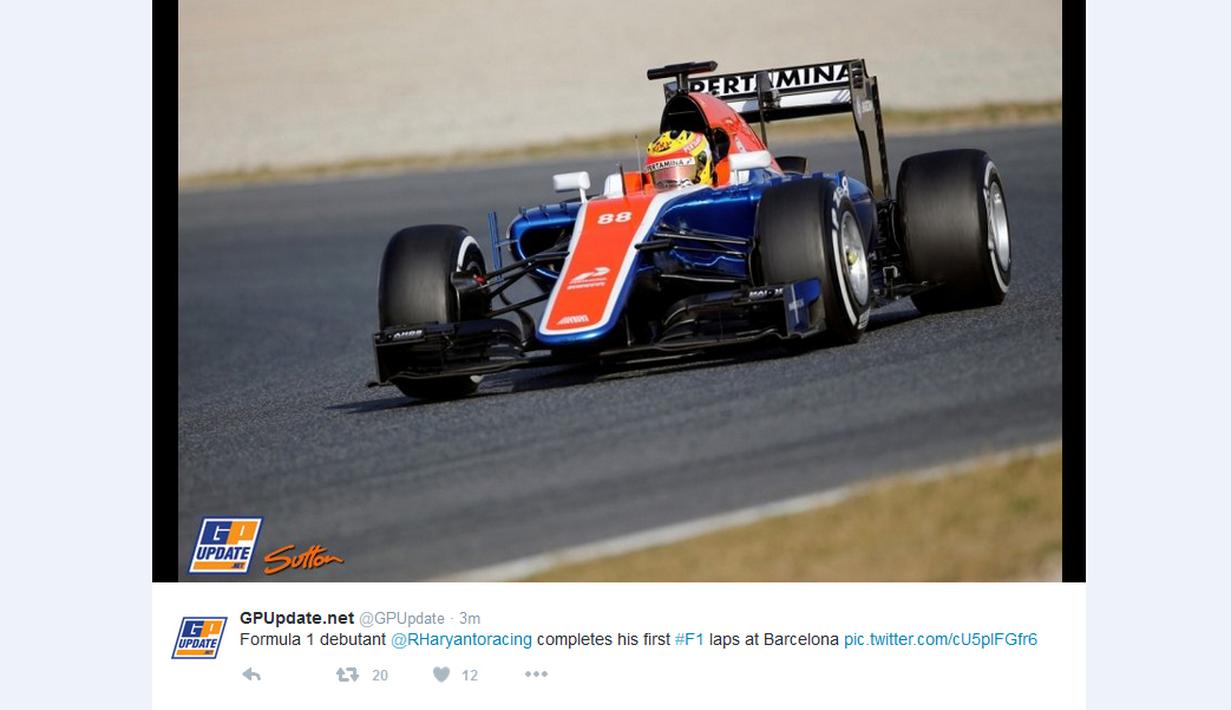 Rio Haryanto saat beraksi dalam tes pramusim F1 di Sirkuit Catalunya, Barcelona, Spanyol, (Bola.com/Twitter)