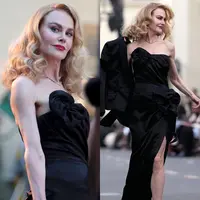 Gaun satin berpotongan bustier dengan hiasan bunga kamelia hitam ini menjadi penghormatan terhadap busana legendaris Rita Hayworth di “Gilda.” [X/@voguejp].