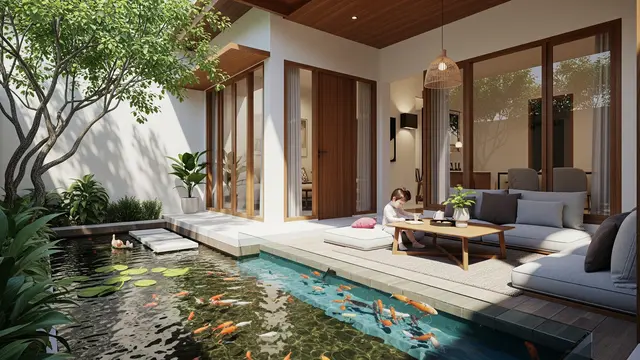 Desain Kolam Ikan Ramah Anak di Rumah Minimalis Model Area Duduk Keluarga