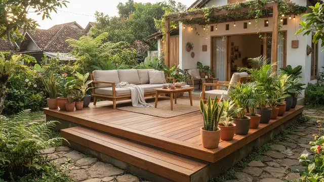Desain Outdoor Lounge Konsep Japandi untuk Rumah Kecil, Cara Maksimalkan Ruang dan Fungsinya Model Lantai Kayu dengan Area Terbuka