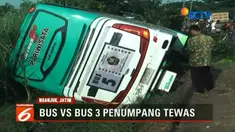 Bus pariwisata dan bus Mira tabrakan di Desa Pelem, Nganjuk, tiga penumpang bus tewas dan belasan lainnya luka-luka.