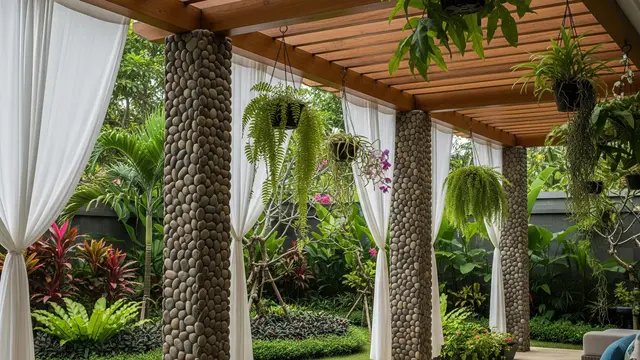 Pergola Kayu dengan Pilar Batu