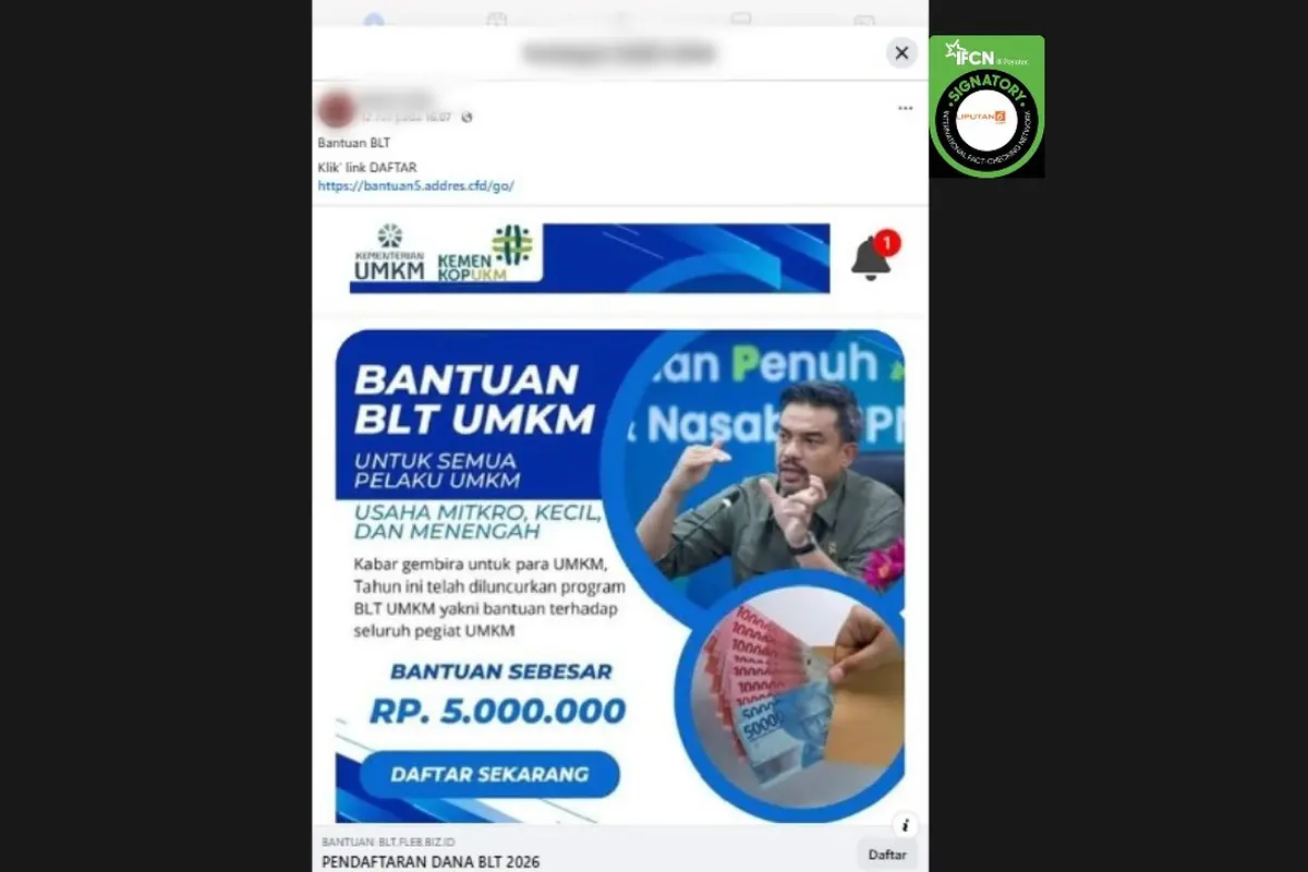 Cek Fakta Liputan6.com mendapati klaim link atau tautan pendaftaran untuk mendapatkan Bantuan Langsung Tunai UMKM