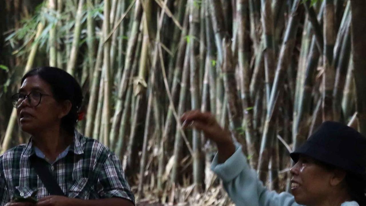 Penduduk lokal Desa Panglipuran menjajakan kudapan khas di Pasar Pelipur Lara, kawasan hutan bambu.