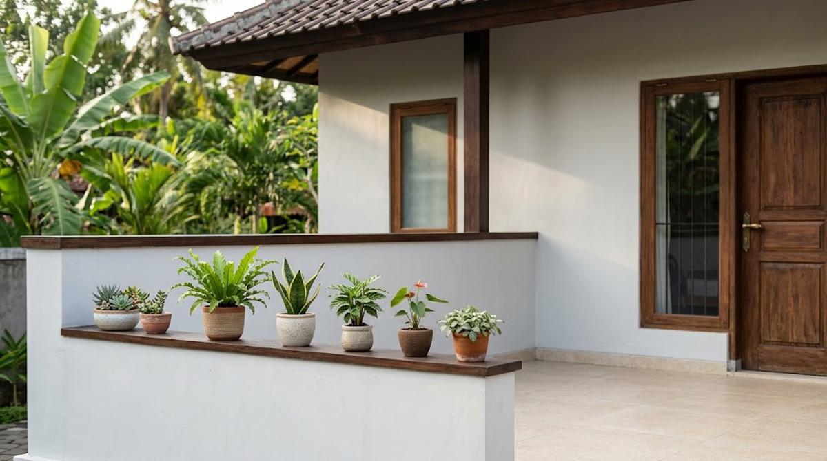 Pot Tanaman di Ambang Dinding Teras