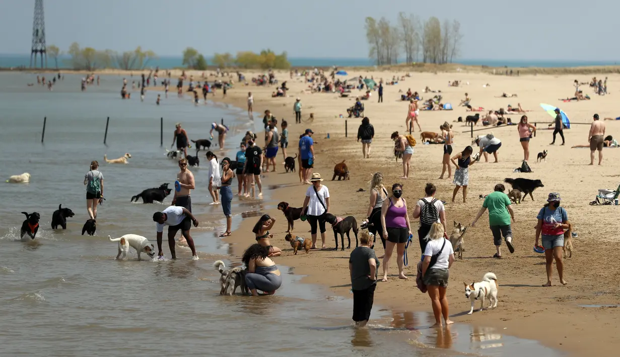 Orang-orang berkumpul dengan anjing mereka di Montrose Dog Beach Chicago, Selasa (27/4/2021). Warga Amerika Serikat (AS) yang telah menerima vaksin COVID-19 tidak lagi diwajibkan mengenakan masker saat berada di luar ruangan kecuali berada di tengah kerumuman orang asing. (AP Photo/Shafkat Anowar)