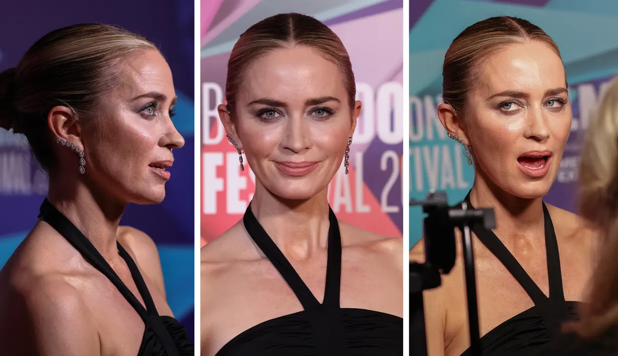 Foto kolase Emily Blunt saat menghadiri pemutaran perdana film 'The English' selama Festival Film London 2022 di London, Sabtu, 15 Oktober 2022. (Photo by Vianney Le Caer/Invision/AP)