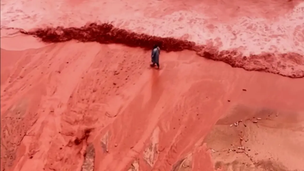 Gambar yang diambil dari rekaman video ini memperlihatkan bagaimana hujan untuk sementara mengubah garis pantai Pantai Merah yang terkenal di Pulau Hormuz, Iran, menjadi pemandangan alam yang mencolok pada Selasa (16/12/2025).