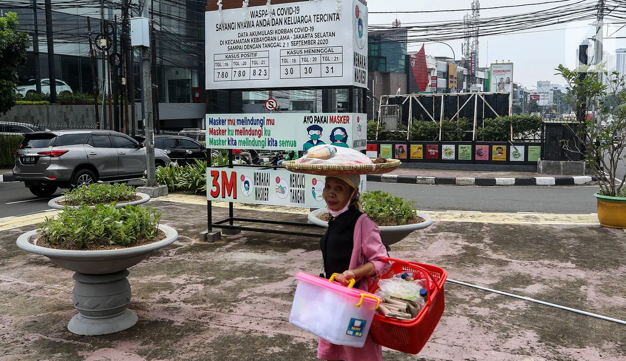 Warga melintasi mural sosialisasi bahaya COVID-19 di Jalan Sultan Iskandar Muda, Jakarta, Rabu (23/9/2020). PSBB pengetatan sepekan terakhir ini belum efektif menurunkan angka jumlah harian Covid-19 di DKI yang tercatat bertambah 1.122 kasus di ibu kota pada Selasa (22/9). (Liputan6.com/Johan Tallo)
