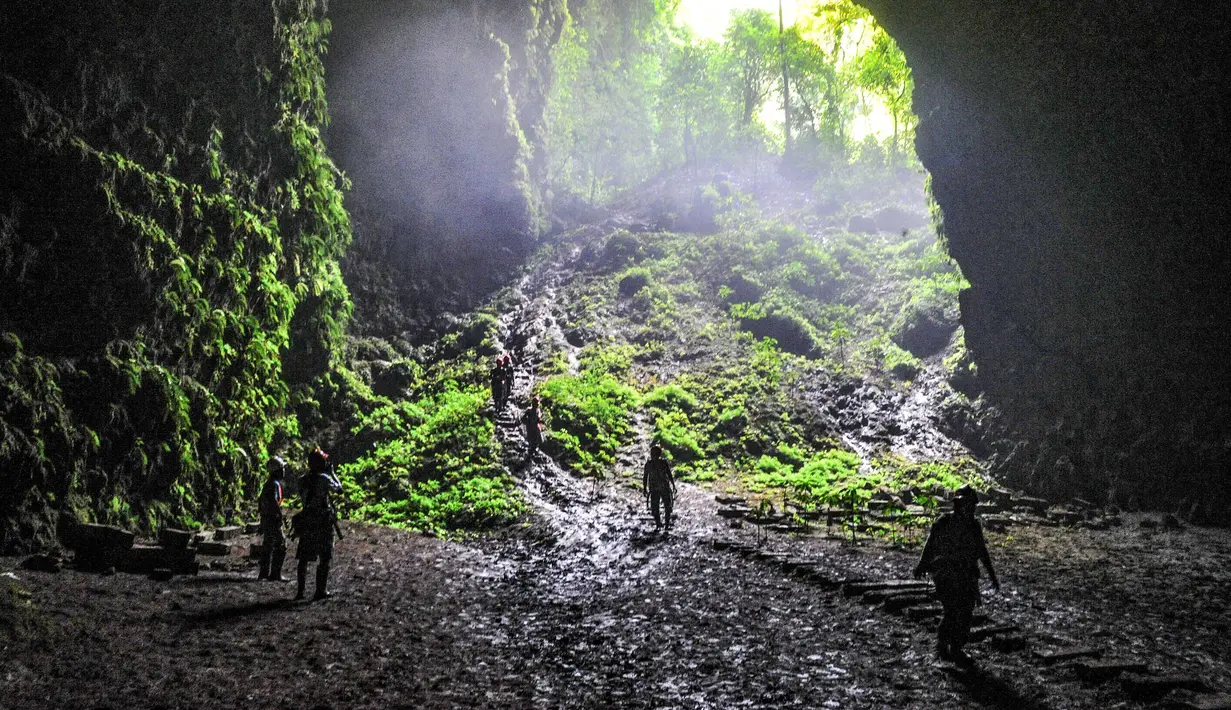 Untuk mencapai lokasi, pengunjung dapat menempuh perjalanan sekitar 1,5 jam dari pusat Kota Yogyakarta. Rutenya melewati Jalan Imogiri Timur hingga Pasar Imogiri, kemudian berlanjut ke Jalan Imogiri Barat, Pasar Playen, dan Jalan Wonosari, sebelum akhirnya tiba di Desa Pacarejo. Petunjuk menuju Gua Jomblang cukup jelas, dan jalan menuju lokasi sudah bisa dilalui kendaraan roda empat. Tampak dalam foto, wisatawan saat berada di dalam Goa Jomblang  di Gunung Kidul, Yogyakarta. (merdeka.com/Arie Basuki)