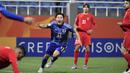Selebrasi pemain Jepang U-20, Isa Sakamoto setelah mencetak gol pertama ke gawang Yordania U-20 pada laga perempatfinal Piala Asia U-20 2023 di Lokomotiv Stadium, Tashkent, Uzbekistan, Minggu (12/3/2023). (AFC/Pranit Katwal)