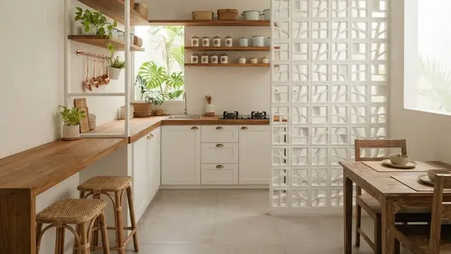 Dapur 2×2 Meter dengan Meja Permanen dan Partisi Multifungsi