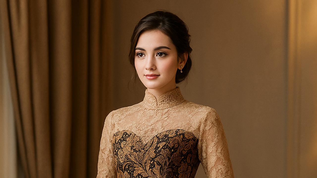 Ilustrasi Dress Batik Kombinasi Brokat Lengan Panjang