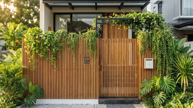Pagar Kayu Natural Vertikal dengan Sentuhan Modern Tropis