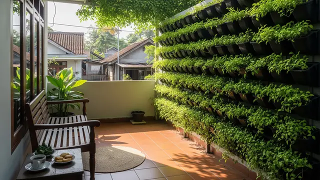 Teras dengan Tanaman Daun Kecil Rimbun, Sejuk di Musim Hujan dan Teduh saat Kemarau Model Pot Tempel Dinding