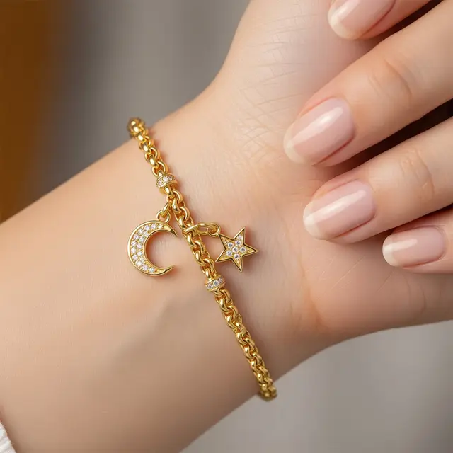 9 Model Gelang Emas Model Rolo Chain Kombinasi Liontin Bulan dan Bintang, Kilau Elegan