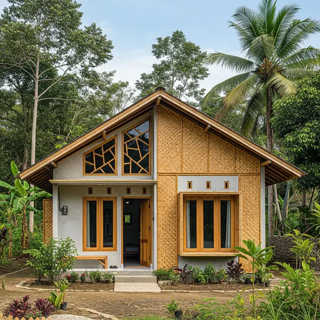 9 Desain Rumah Kampung dengan Kombinasi Tembok dan Anyaman Bambu Modern, Hunian Estetis