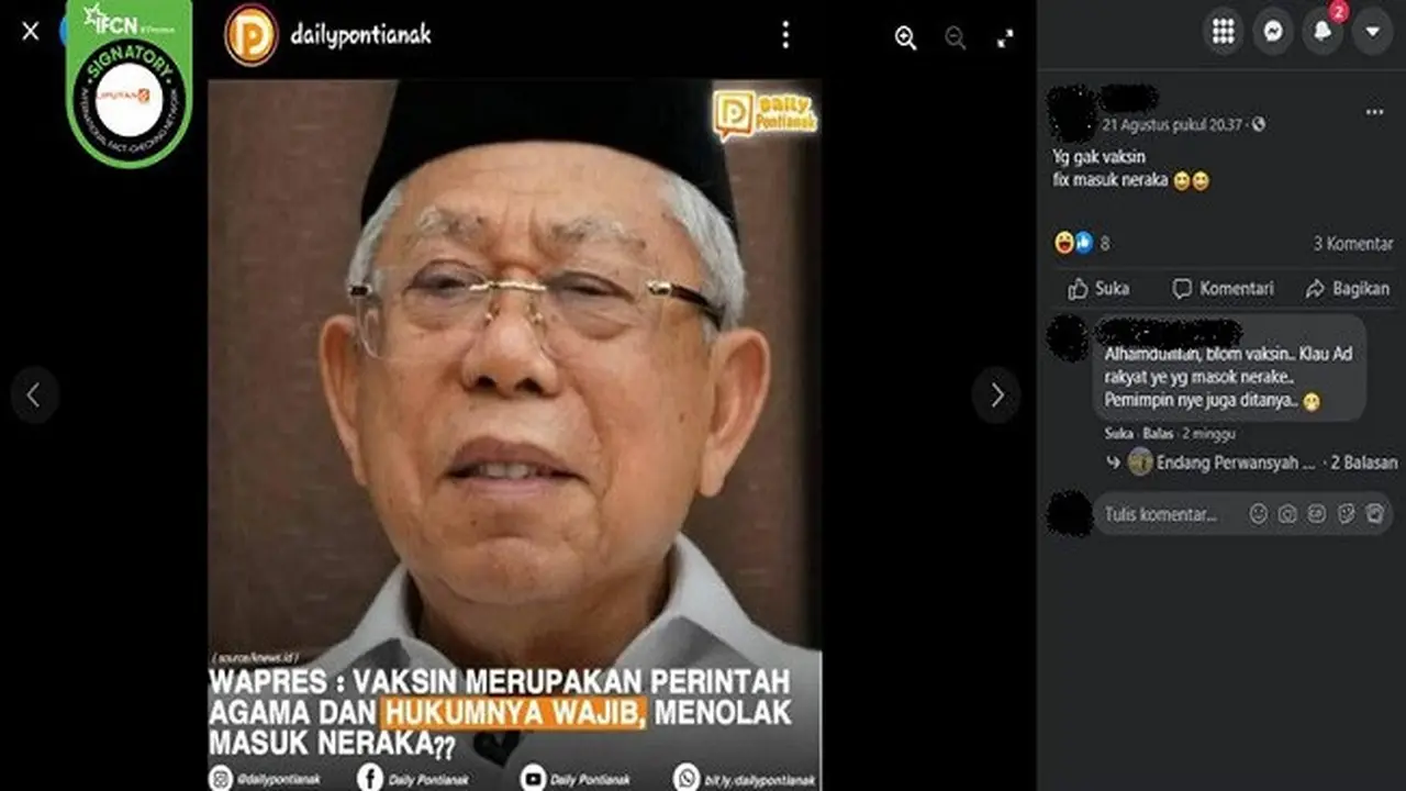 Gambar Tangkapan Layar Kabar Ma'ruf Amin Sebut Menolak Vaksin Masuk Neraka (sumber: Facebook).