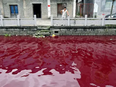 Seorang pria melihat sungai yang tercemar di Wenzhou, Zhejiang, Tiongkok pada 24 Juli 2014. Pertumbuhan industri dan kurangnya kesadaran lingkungan membuat saluran air terkontaminas (REUTERS / Stringer)