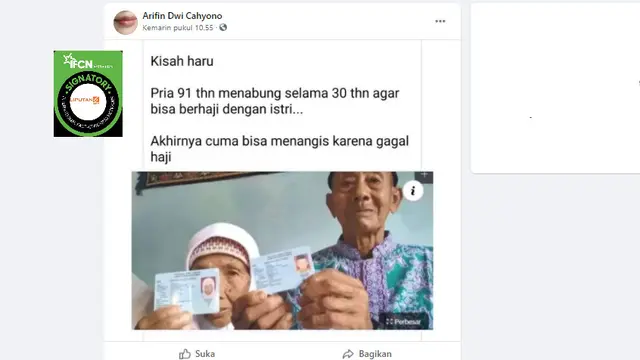 Cek Fakta Liputan6.com menelusuri klaim foto pria 91 tahun dan istri gagal ibadah haji