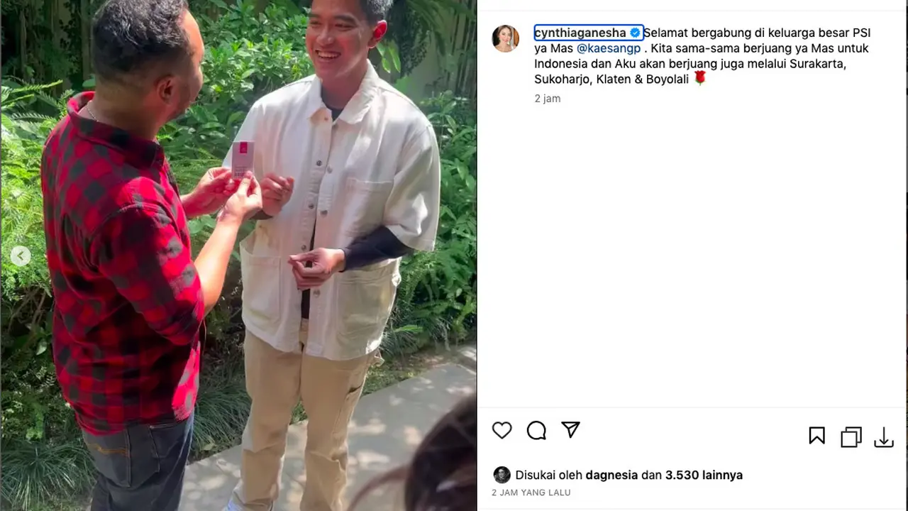 Kaesang Pangarep Sah Login ke PSI, Giring: Selamat Bergabung di Keluarga Besar PSI. (instagram.com/cynthiaganesha)