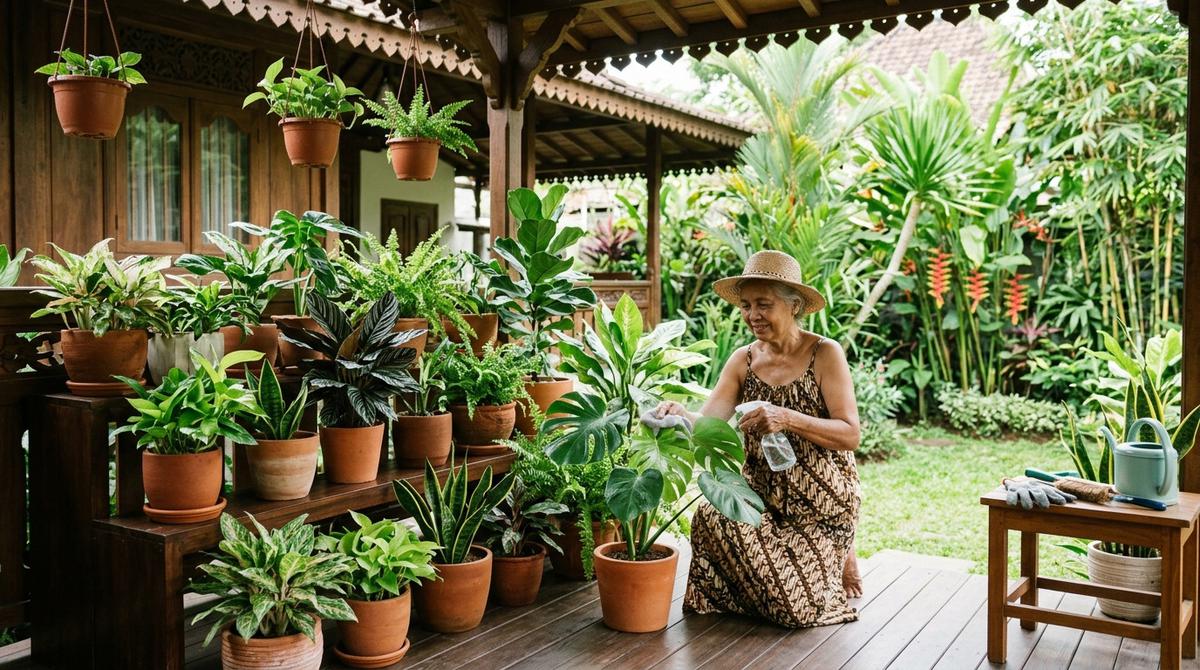 Cara Merawat Tanaman Hias agar Daun Tetap Segar dan Tidak Berserakan di Teras (AI Generated)