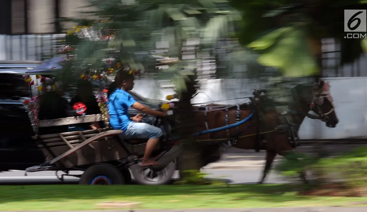 Delman hias membawa penumpang melintasi Jalan Medan Merdeka Selatan, Jakarta, Selasa (19/6). Masa libur Lebaran 2018 dimanfaatkan sejumlah warga untuk berwisata di sekitar Monumen Nasional dengan menaiki delman hias. (Liputan6.com/Helmi Fithriansyah)