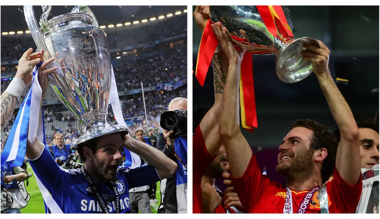 Juan Mata. Gelar Liga Champions diraihnya bersama Chelsea usai mengalahkan Bayern Munchen pada musim 2011/2012. Gelar Piala Eropa diraihnya bersama Timnas Spanyol usai mengalahkan Italia 4-0 di final Euro 2012. Satu gol dicetaknya dalam laga final tersebut. (Foto: AFP/Patrik Stollarz/Franck Fife)