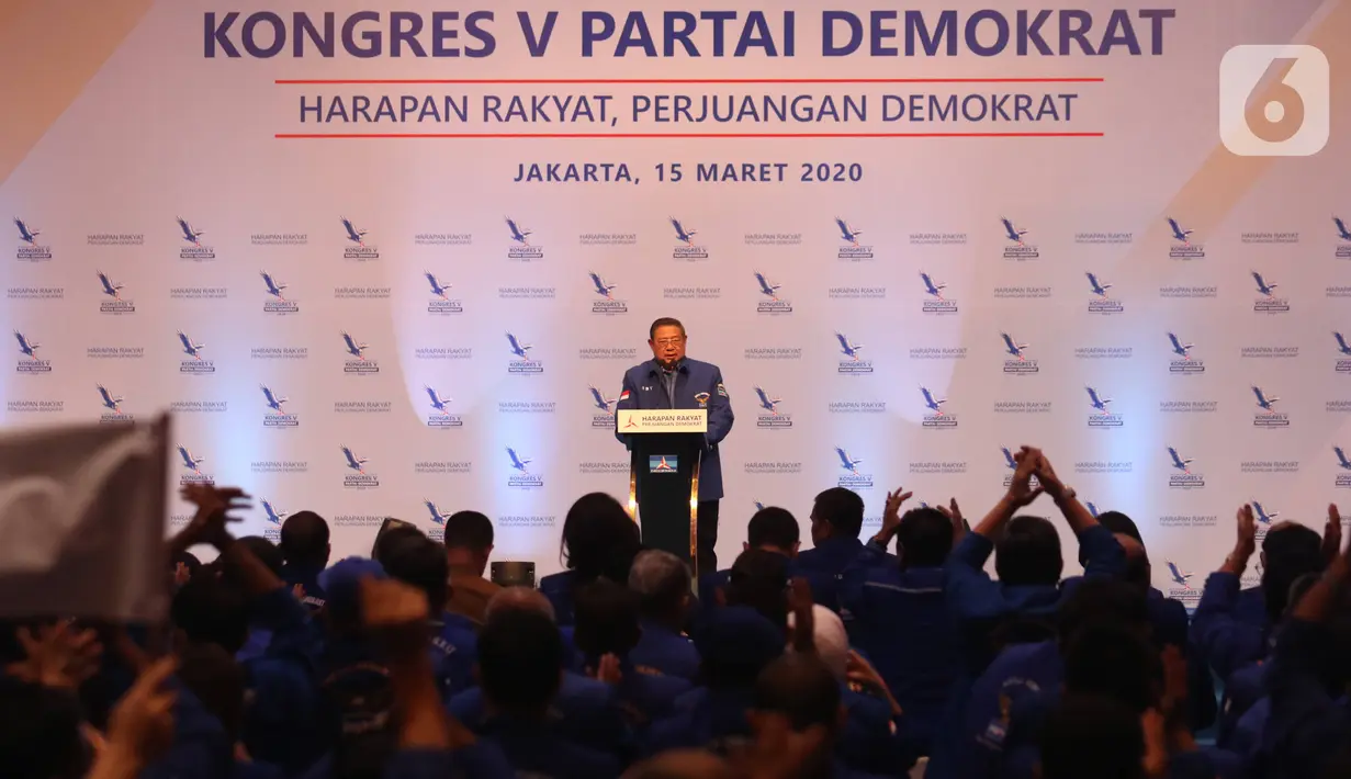 Ketum Partai Demokrat Susilo Bambang Yudhoyono memberikan pidato politik dan membuka Kongres ke V Partai Demokrat, Jakarta, Minggu (15/3/2020). SBY menyampaikan pidato politik terakhirnya sebagai ketua partai dimana posisinya akan digantikan Agus Harimurti Yudhoyono. (Liputan6.com/Angga Yuniar)