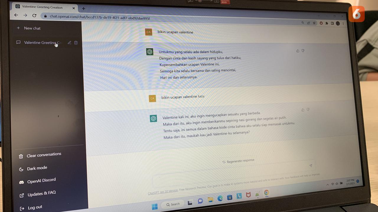 OpenAI ChatGPT untuk ucapan Hari Valentine