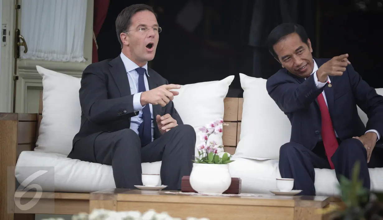 Presiden Jokowi menunjukkan sejumlah bangunan yang ada di Istana Kepresidenan kepada PM Belanda Mark Rutte, di beranda belakang Istana Merdeka, Jakarta, Rabu (23/11). Keduanya melakukan pembicaraan khusus empat mata. (Liputan6.com/Faizal Fanani)