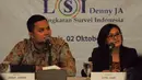 Fitri Hari dan Rully Akbar menjadi pembicara dalam penyampaian hasil survei LSi kepada publik, Jakarta, Kamis (2/10/14). (Liputan6.com/Faisal R Syam)