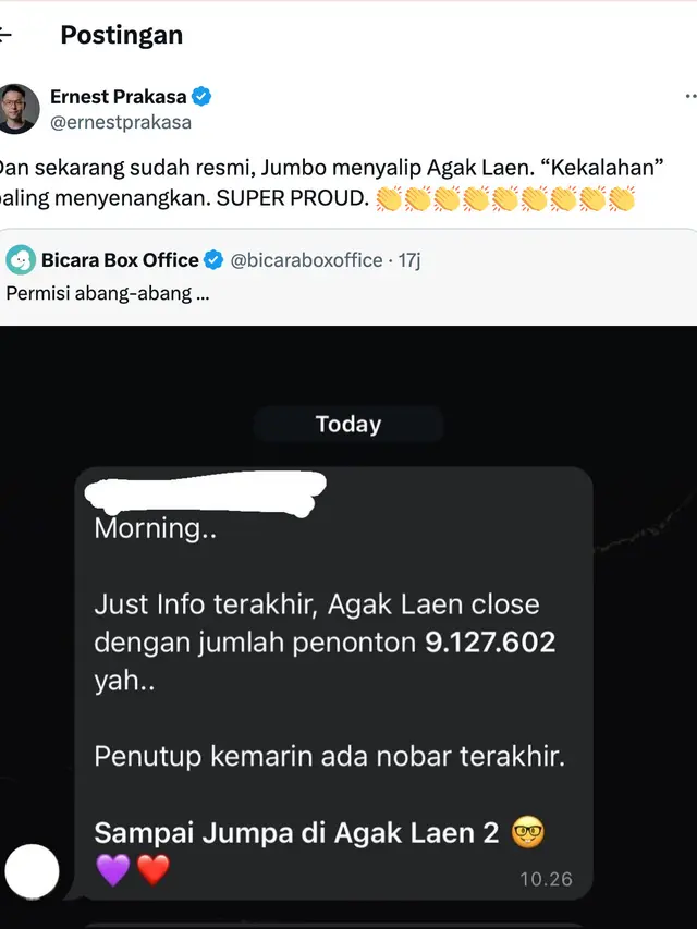 Cuitan Ernest Prakasa untuk film Jumbo. (Foto: Dok. Twitter @ernestprakasa)