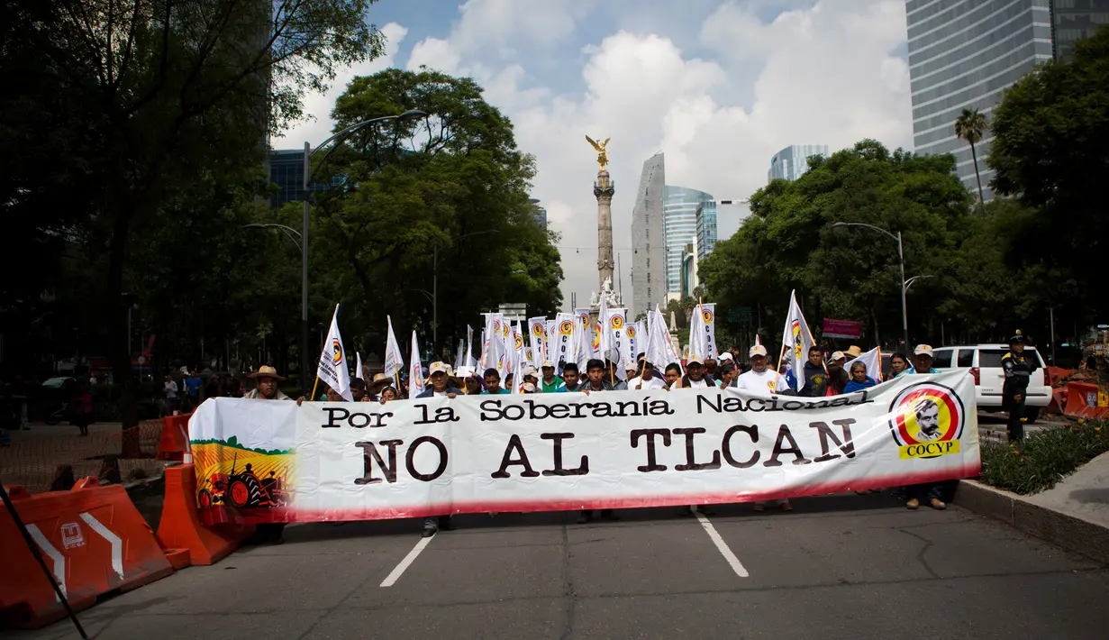 Petani Meksiko membentangkan spanduk saat melakukan demontrasi terkait NAFTA di Mexico City (26/7). Lebih dari seribu petani menggelar demo untuk memprotes impor biji-bijian dari AS yang lebih murah. (AP Photo / Rebecca Blackwell)