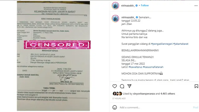 Nirina Zubir akan menjadi saksi dalam sidang kaus mafia tanah yang merugikan keluarganya