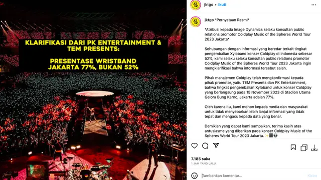 Promotor Konser Coldplay di Jakarta Klarifikasi Kabar Persentase Pengembalian Gelang Xylobands, Bukan 52 Tetapi 77 Persen. (instagram.com/Jktgo)
