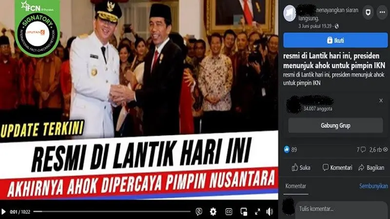 Gambar Tangkapan Layar Video yang Diklaim Jokowi Melantik Ahok Sebagai Kepala Otorita Ibu Kota Negara (IKN) Nusantara (sumber: Facebook).